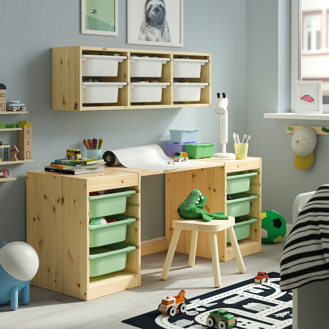TROFAST desk with storage boxes, light white stained pine light green, 124x44x52 cm