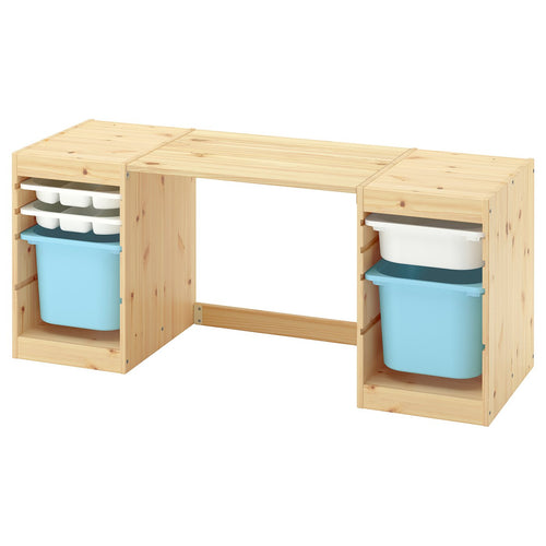 TROFAST desk with storage boxes/trays, light white stained pine/white light blue, 124x52x44 cm