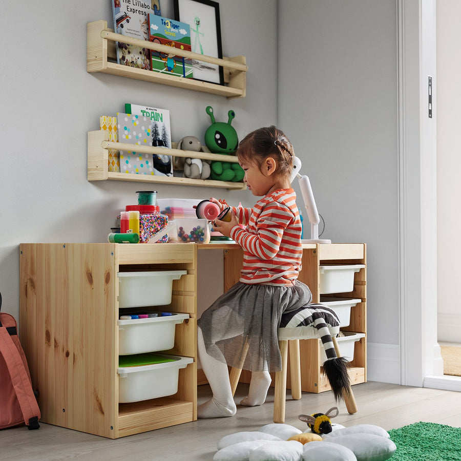 TROFAST desk with storage boxes/trays, light white stained pine/white white, 124x52x44 cm