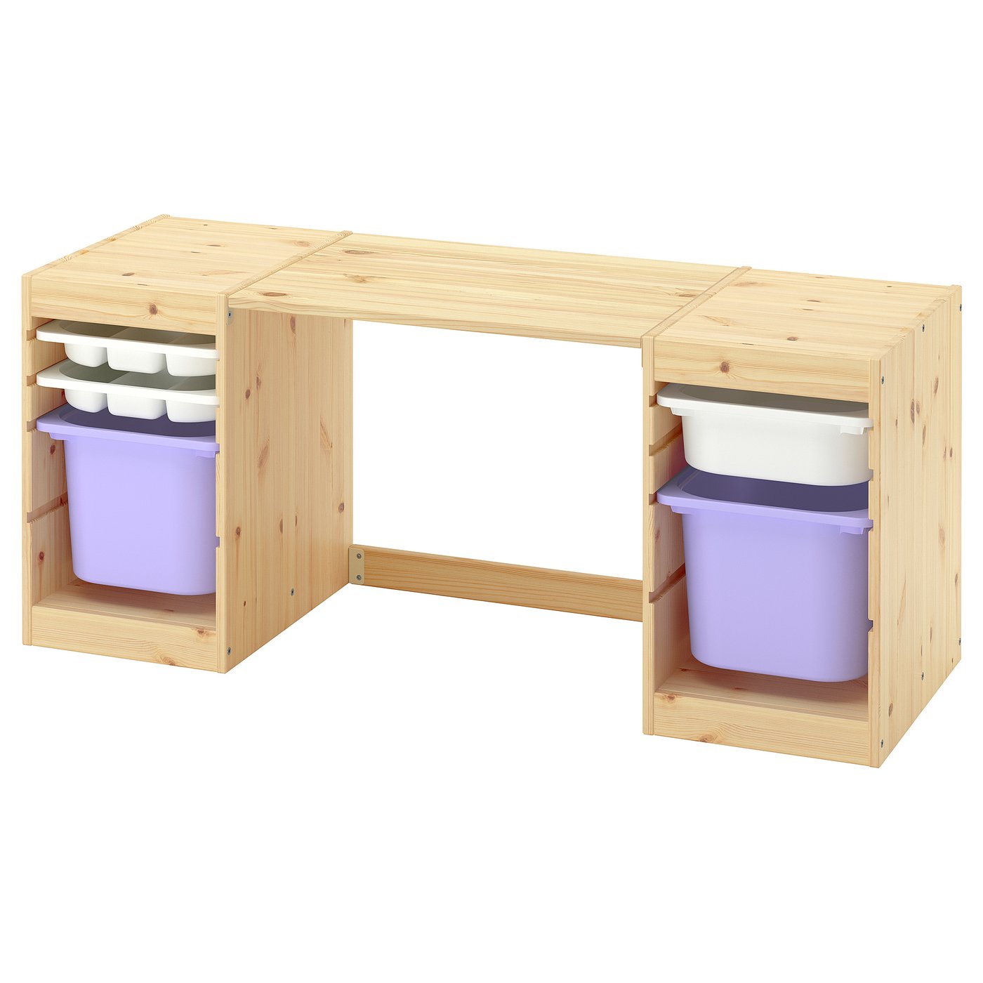 TROFAST desk with storage boxes/trays, light white stained pine/white lilac, 124x52x44 cm