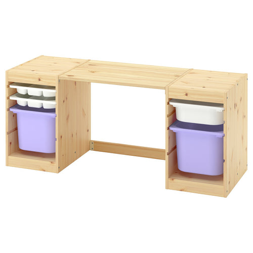 TROFAST desk with storage boxes/trays, light white stained pine/white lilac, 124x52x44 cm