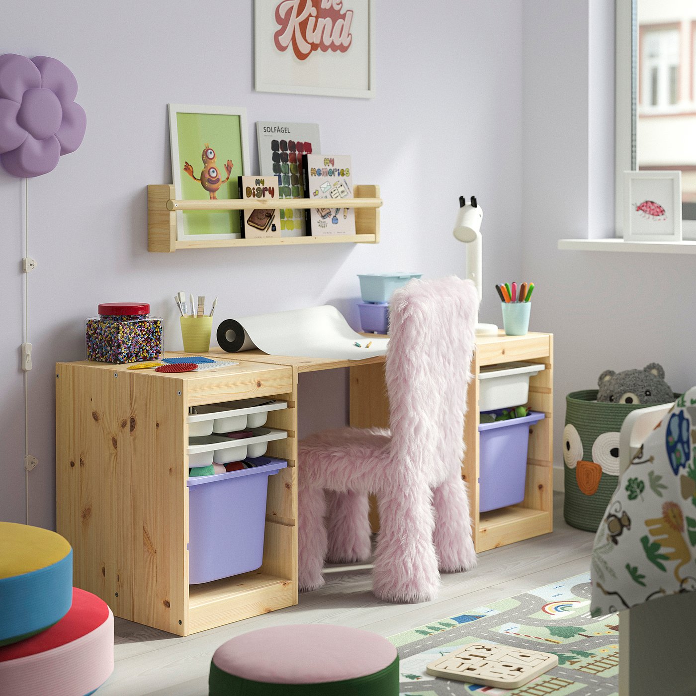 TROFAST desk with storage boxes/trays, light white stained pine/white lilac, 124x44x52 cm