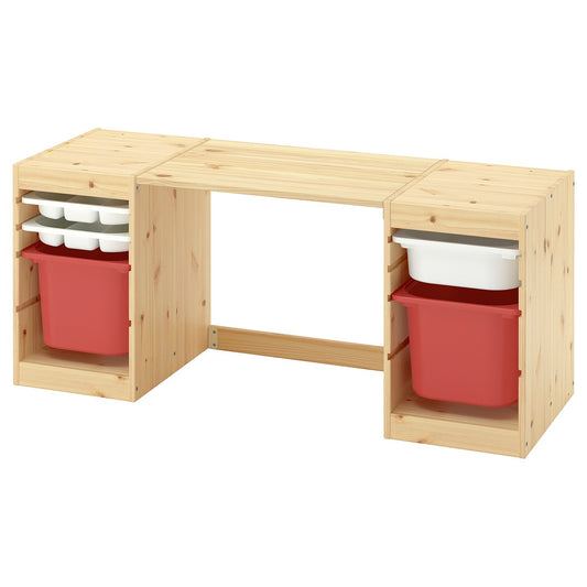 TROFAST desk with storage boxes/trays, light white stained pine/white red, 124x52x44 cm