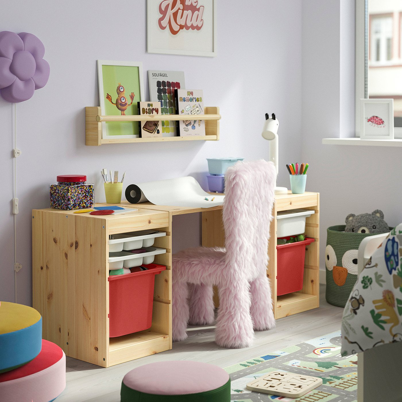 TROFAST desk with storage boxes/trays, light white stained pine/white red, 124x44x52 cm