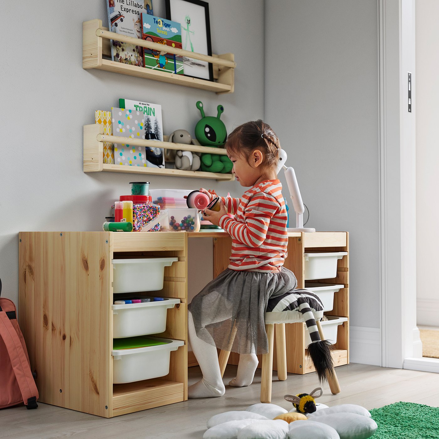 TROFAST desk with storage boxes/trays, light white stained pine/white red, 124x52x44 cm