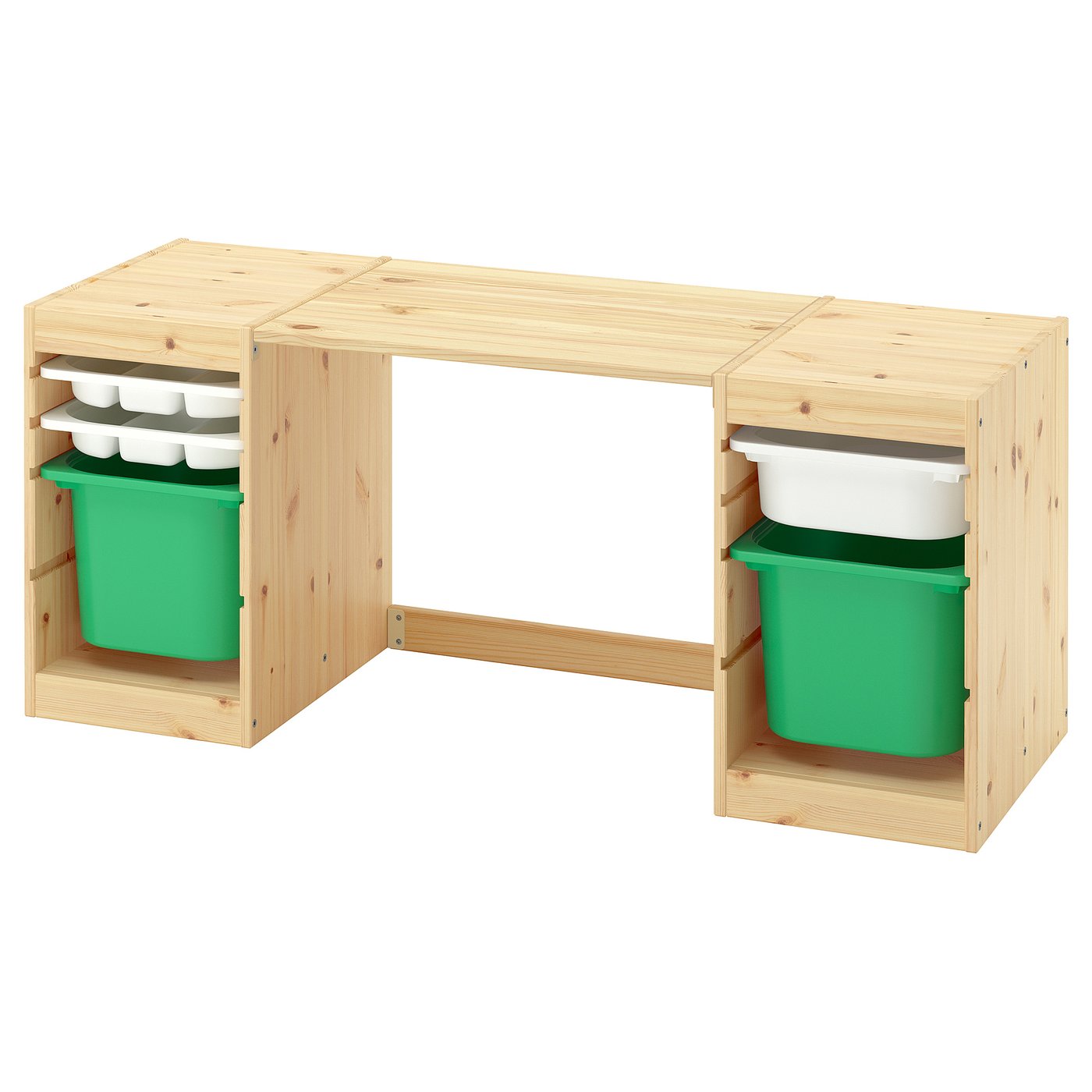 TROFAST desk with storage boxes/trays, light white stained pine/white bright green, 124x44x52 cm