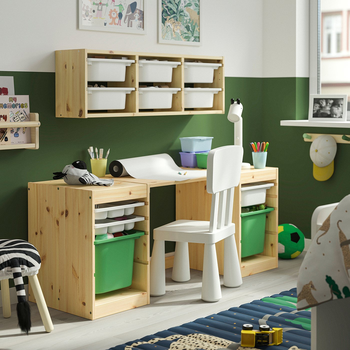 TROFAST desk with storage boxes/trays, light white stained pine/white bright green, 124x44x52 cm
