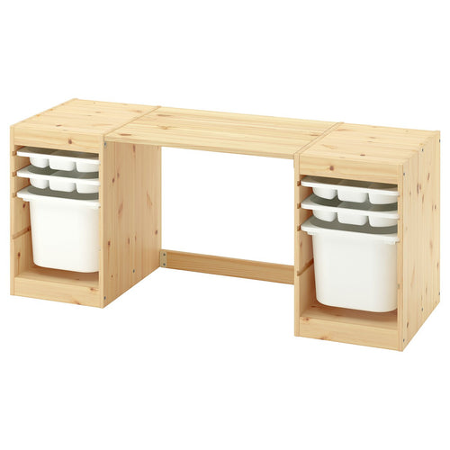 TROFAST desk with storage boxes/trays, light white stained pine/white, 124x52x44 cm