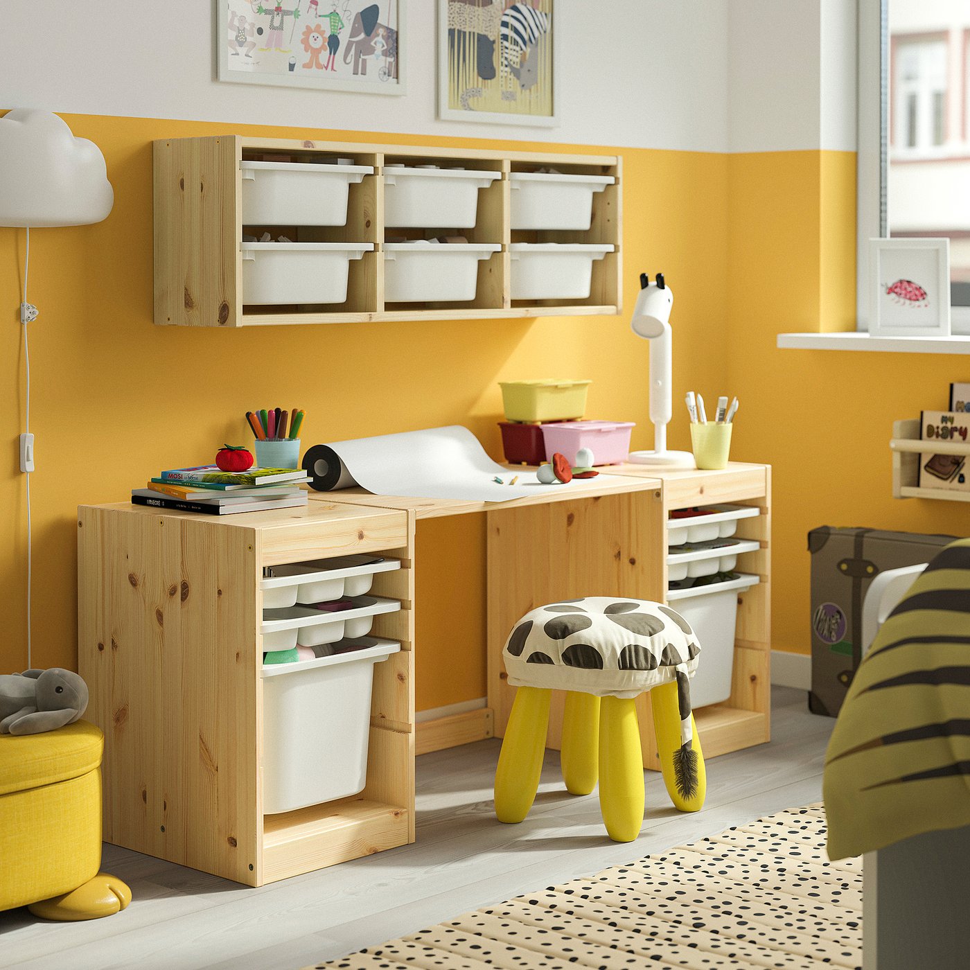 TROFAST desk with storage boxes/trays, light white stained pine/white, 124x44x52 cm
