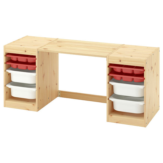 TROFAST desk with storage boxes/trays, light white stained pine/red white, 124x52x44 cm