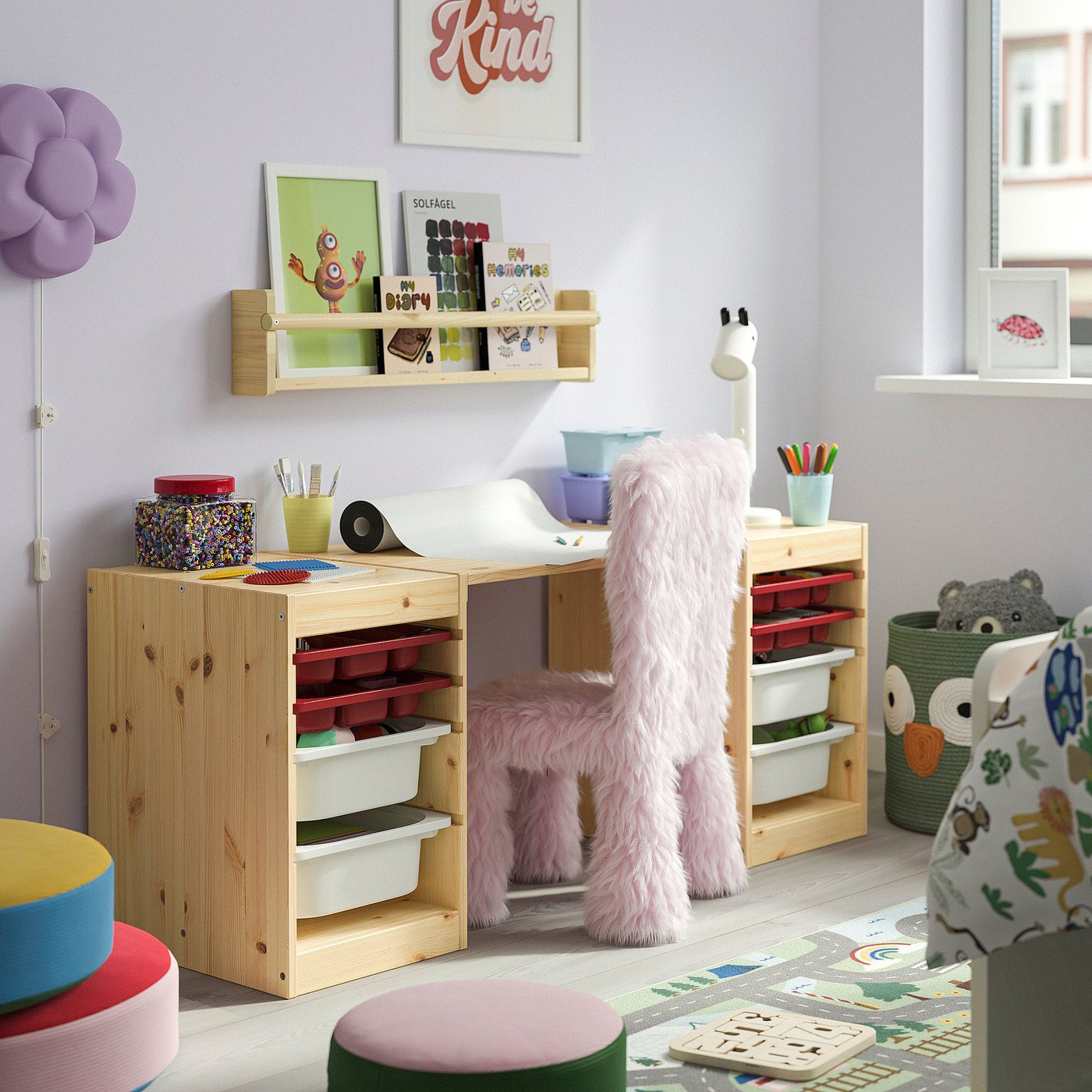 TROFAST desk with storage boxes/trays, light white stained pine/red white, 124x44x52 cm
