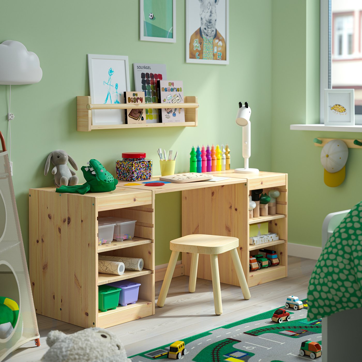 TROFAST desk with shelves, light white stained pine, 124x52x44 cm