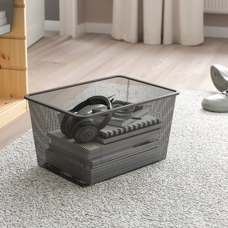 TROFAST desk with mesh storage boxes/trays, light white stained pine/white dark grey, 124x44x52 cm