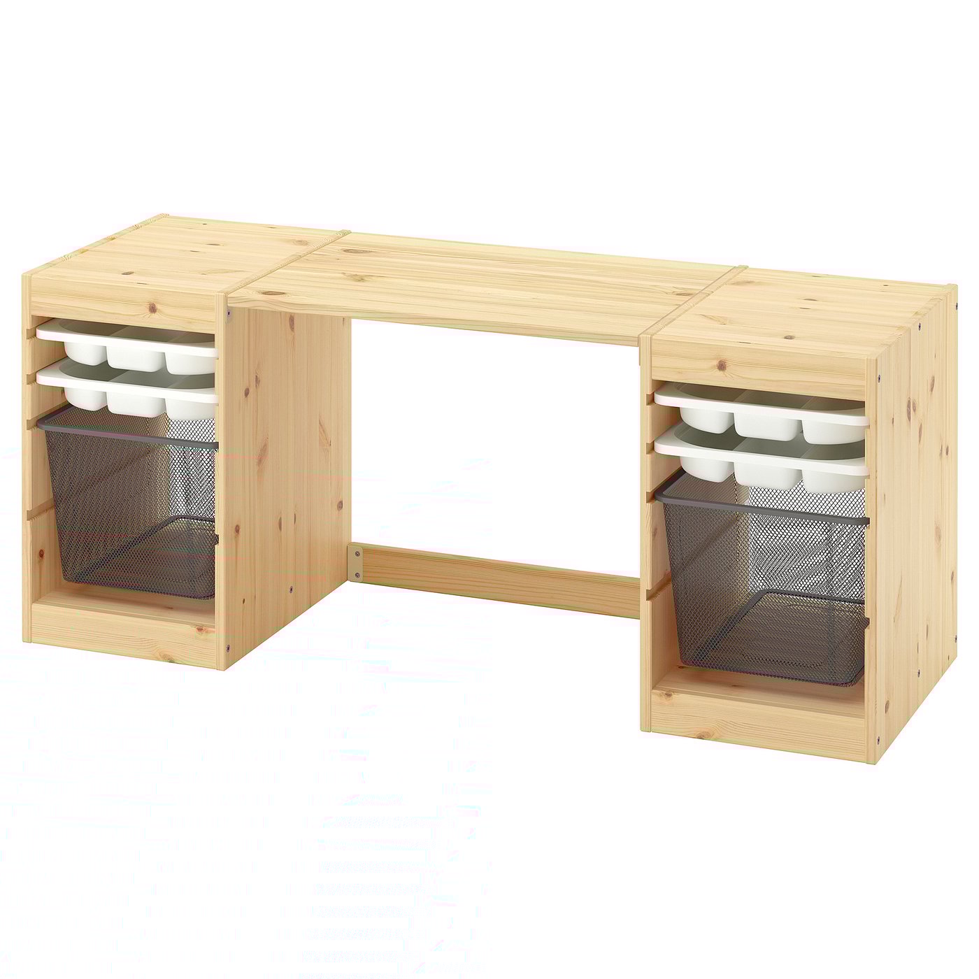 TROFAST desk with mesh storage boxes/trays, light white stained pine/white dark grey, 124x52x44 cm