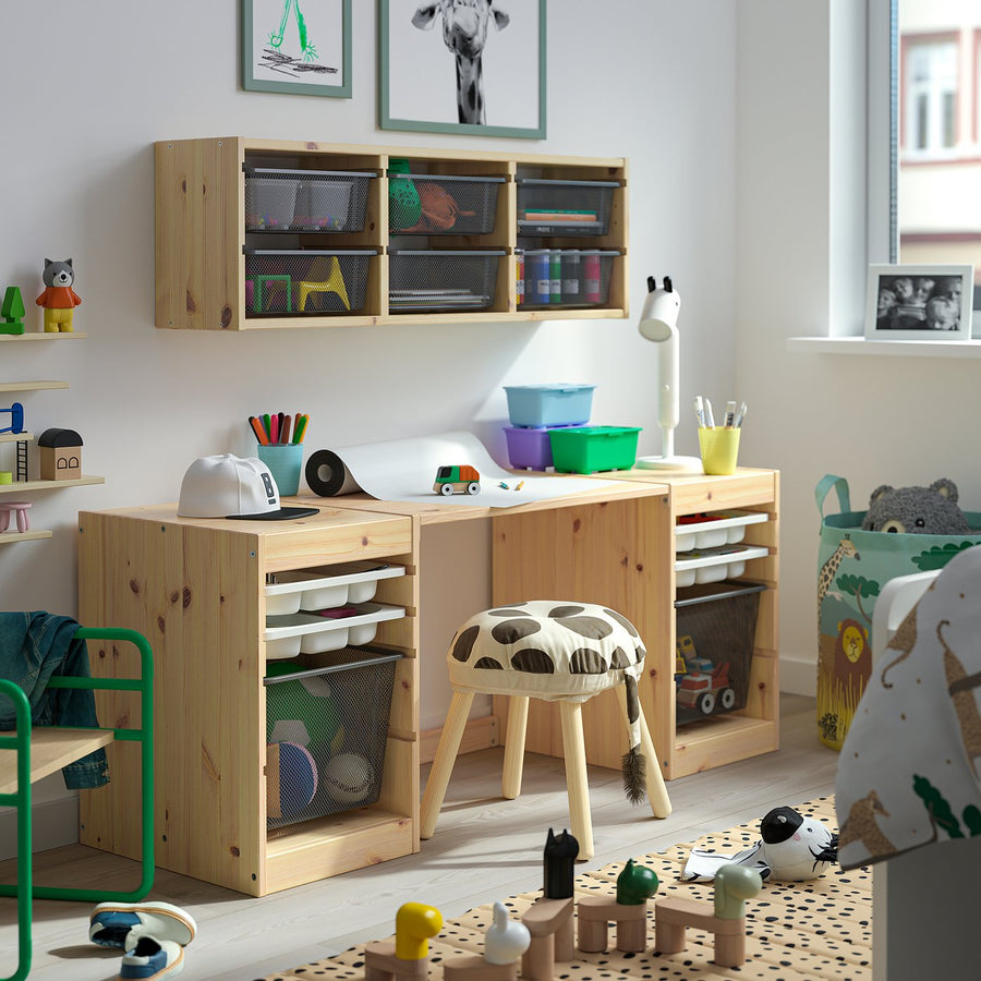 TROFAST desk with mesh storage boxes/trays, light white stained pine/white dark grey, 124x44x52 cm