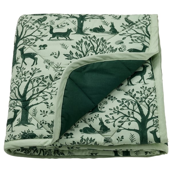TROLLDOM quilted blanket, forest animal pattern/green, 96x96 cm