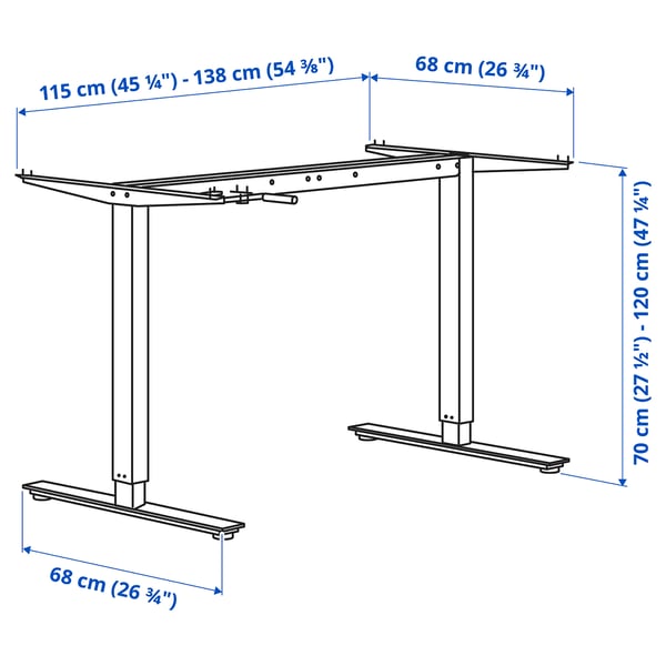 TROTTEN underframe sit/stand f table top, white, 120/160 cm