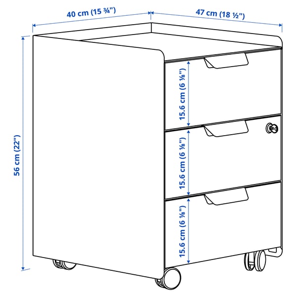 TROTTEN drawer unit w 3 drawers on castors, white, 40x56x47 cm