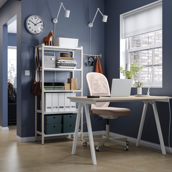 TROTTEN/FLINTAN / EKENABBEN desk and storage combination, and swivel chair beige/white