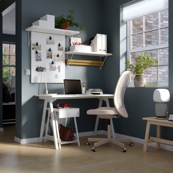 TROTTEN / FLINTAN desk and storage combination, and swivel chair white/beige