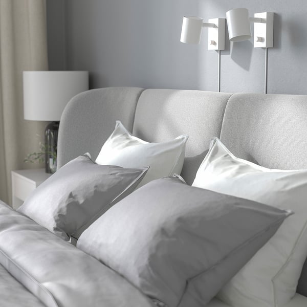 TUFJORD - Upholstered bed frame, Tallmyra white/black/Leirsund,140x200 cm