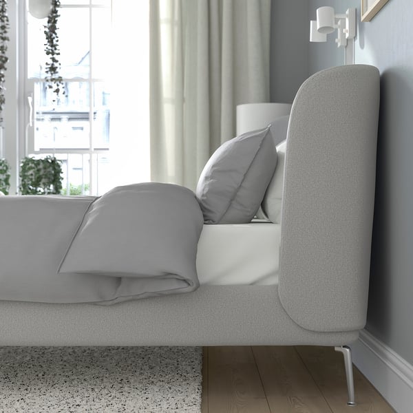 TUFJORD - Upholstered bed frame, Tallmyra white/black/Leirsund,140x200 cm