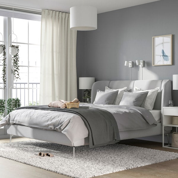 TUFJORD - Upholstered bed frame, Tallmyra white/black/Lindbåden,140x200 cm