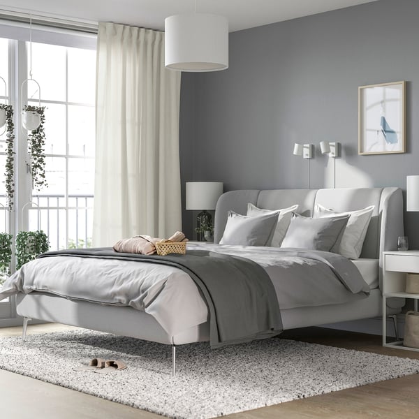 TUFJORD - Upholstered bed frame, Tallmyra white/black/Lindbåden,140x200 cm