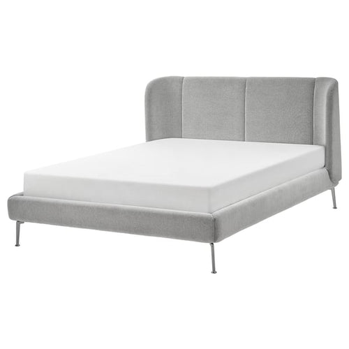 TUFJORD - Upholstered bed frame, Tallmyra white/black/Lindbåden, 180x200 cm - Height of footboard: 38 cm Height of headboard: 109 cm Length: 223 cm Mattress length: 200 cm Mattress width: 180 cm Width: 204 cm Clearance under the bed: 20 cm.