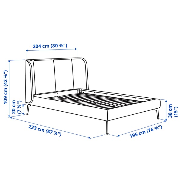 TUFJORD - Upholstered bed frame, Tallmyra white/black, 180x200 cm - Length: 223 cm Width: 204 cm Height of the footboard: 38 cm Height of the headboard: 109 cm Length of mattress: 200 cm Width of mattress: 180 cm H space under the bed: 20 cm.