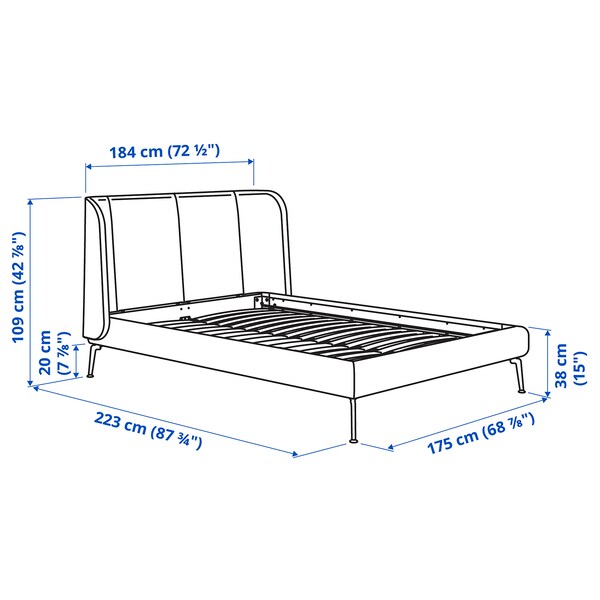 TUFJORD - Upholstered bed frame, Tallmyra blue-black/Leirsund,160x200 cm