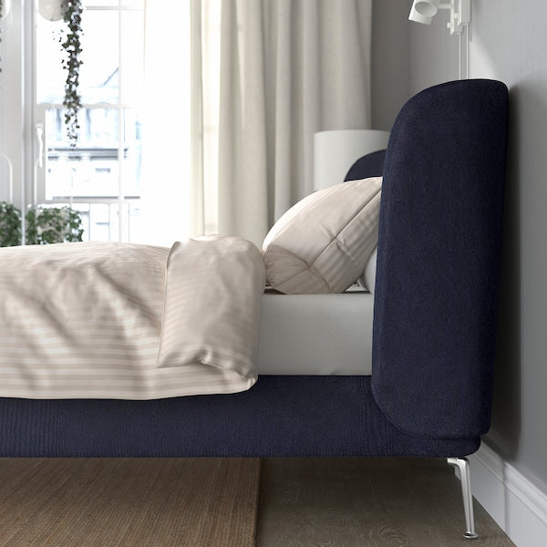 TUFJORD - Upholstered bed frame, Tallmyra blue-black/Leirsund,140x200 cm