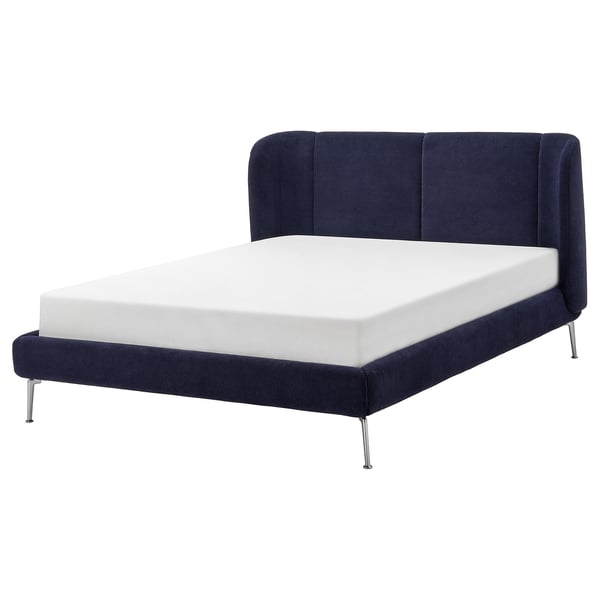 TUFJORD - Upholstered bed frame, Tallmyra blue-black/Leirsund,140x200 cm