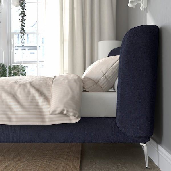 TUFJORD - Upholstered bed frame, Tallmyra blue-black/Lindbåden,140x200 cm