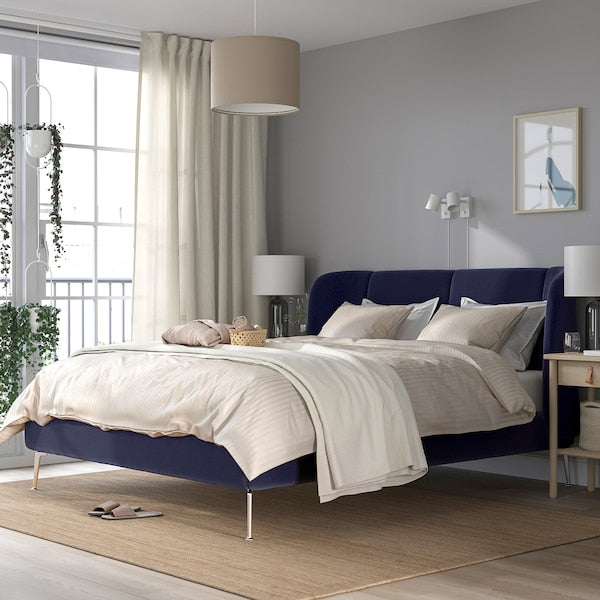 TUFJORD - Upholstered bed frame, Tallmyra blue-black/Lindbåden,140x200 cm