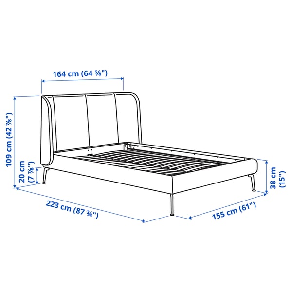 TUFJORD - Upholstered bed frame, Tallmyra blue-black/Lönset,140x200 cm