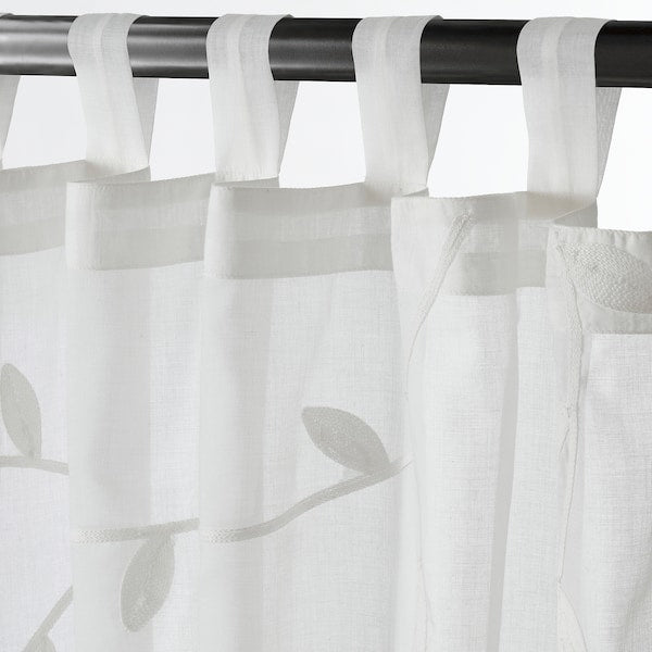 TULKÖRTSFLY sheer curtains, 1 pair, embroidery leaf/with tab top, 300x145 cm