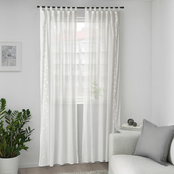 TULKÖRTSFLY sheer curtains, 1 pair, embroidery leaf/with tab top, 300x145 cm