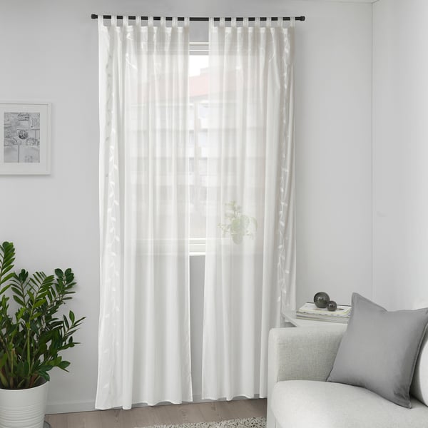 TULKÖRTSFLY sheer curtains, 1 pair, embroidery leaf/with tab top, 300x145 cm