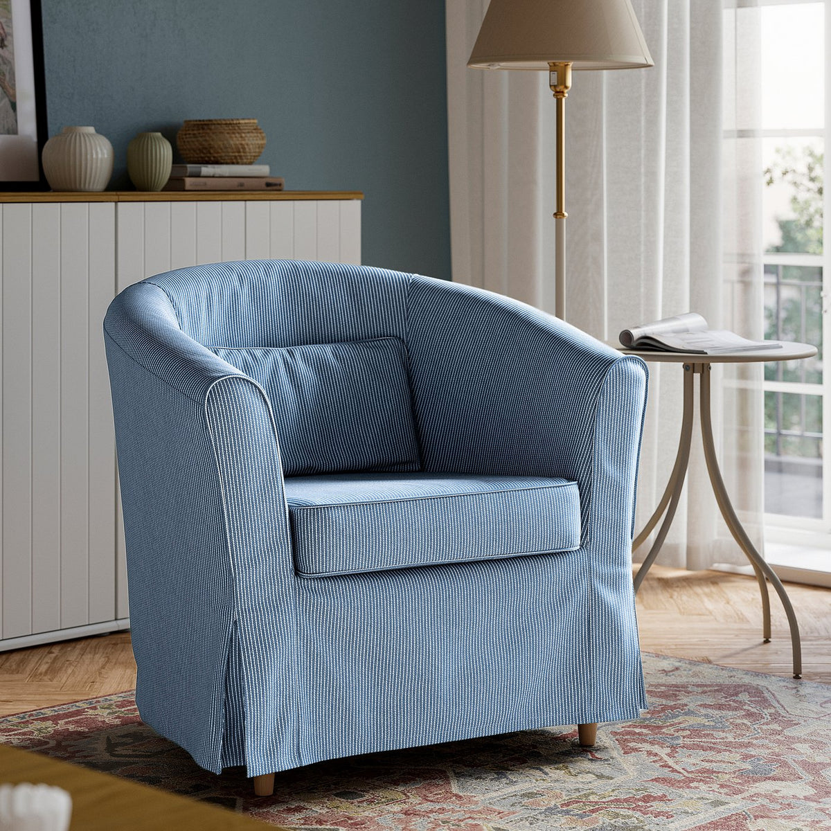 TULLSTA armchair, Sjölyckan dark blue/beige stripe, 79x78x69 cm