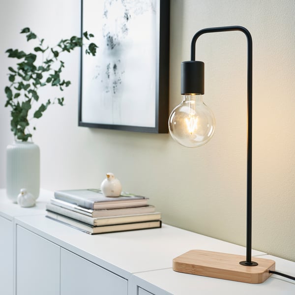 TVÄRHAND table lamp, black/bamboo, 18x12 cm