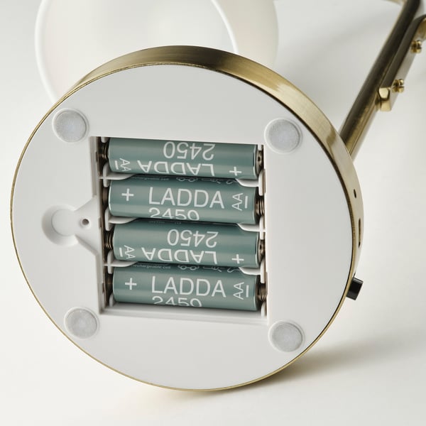 TVÅMASTAD LED portable lamp, battery-operated brass/opal white glass