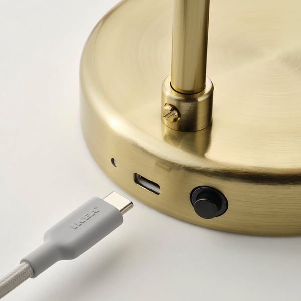 TVÅMASTAD LED portable lamp, battery-operated brass/opal white glass