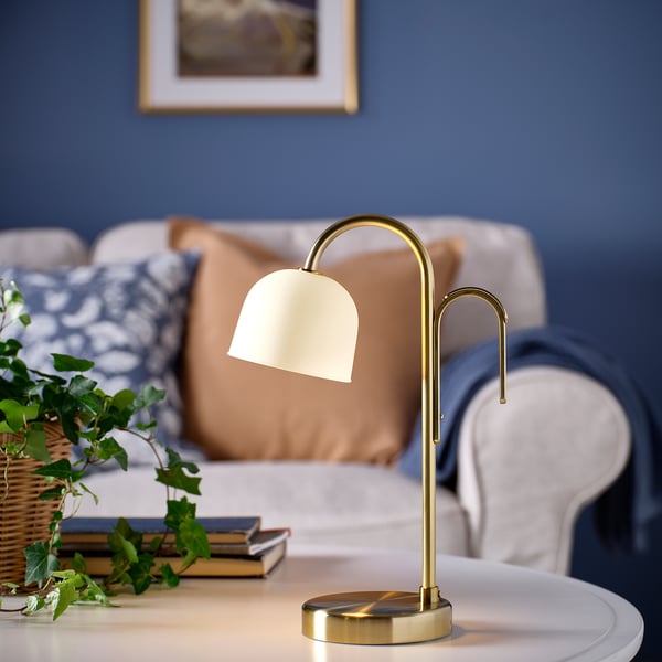TVÅMASTAD LED portable lamp, battery-operated brass/opal white glass