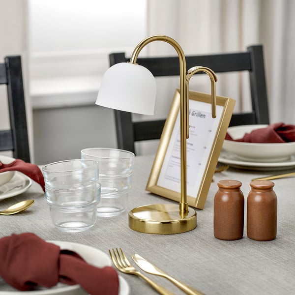 TVÅMASTAD LED portable lamp, battery-operated brass/opal white glass