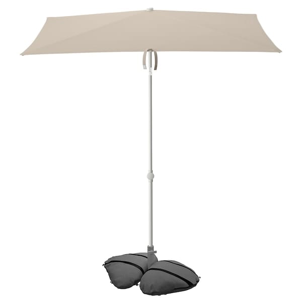 TVETÖ / IGGÖN - Parasol with base, tilting grey-beige/white dark grey, 180x145 cm