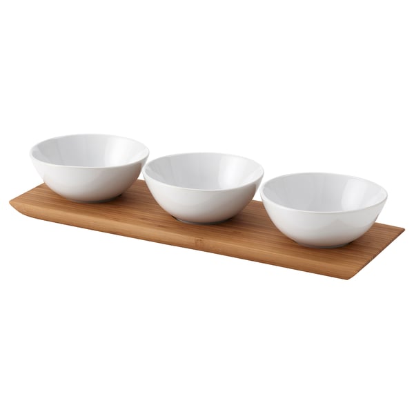 TYNGDLÖS tray with 3 bowls, bamboo/white, 12 cm
