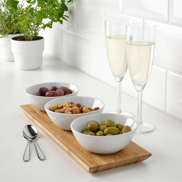 TYNGDLÖS tray with 3 bowls, bamboo/white, 12 cm