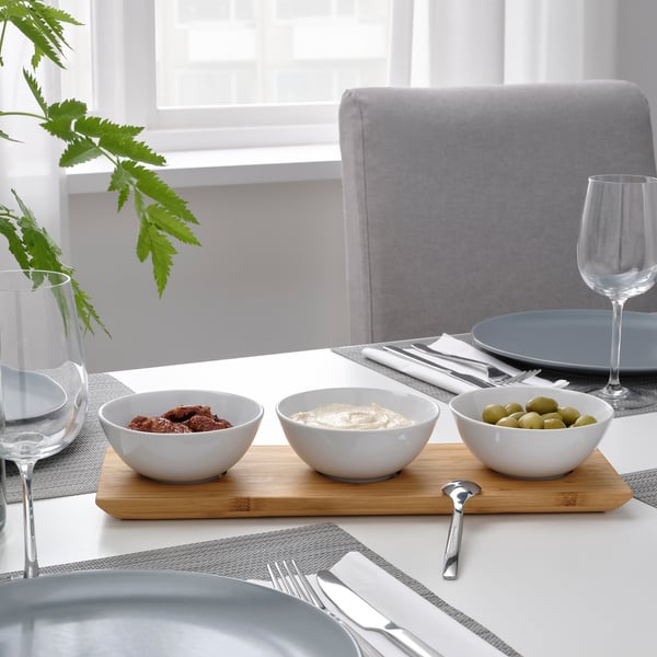 TYNGDLÖS tray with 3 bowls, bamboo/white, 12 cm