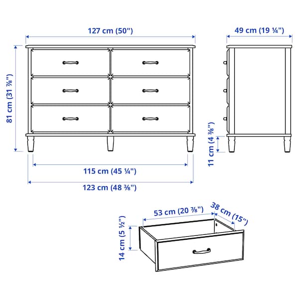 TYSSEDAL - Chest of 6 drawers, white, 127x81 cm